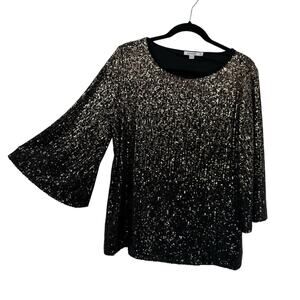 Chicos 2 Sequined Boatneck Flare sleeve Top size Large Black Gold Party Event